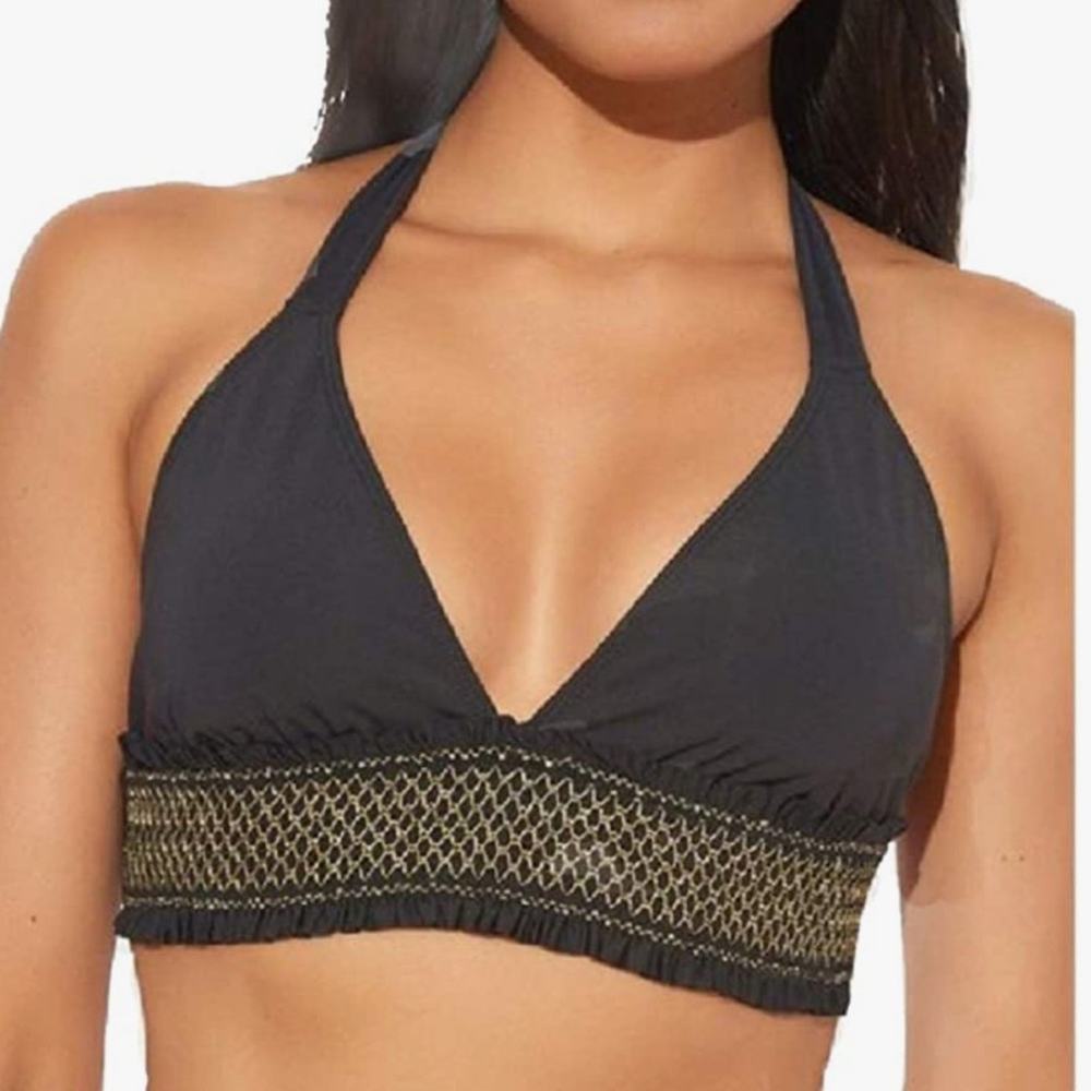Bleu Rod Beattie Women's Black/Gold Smock It To Ya Halter Bikini Swim Top sz 14
